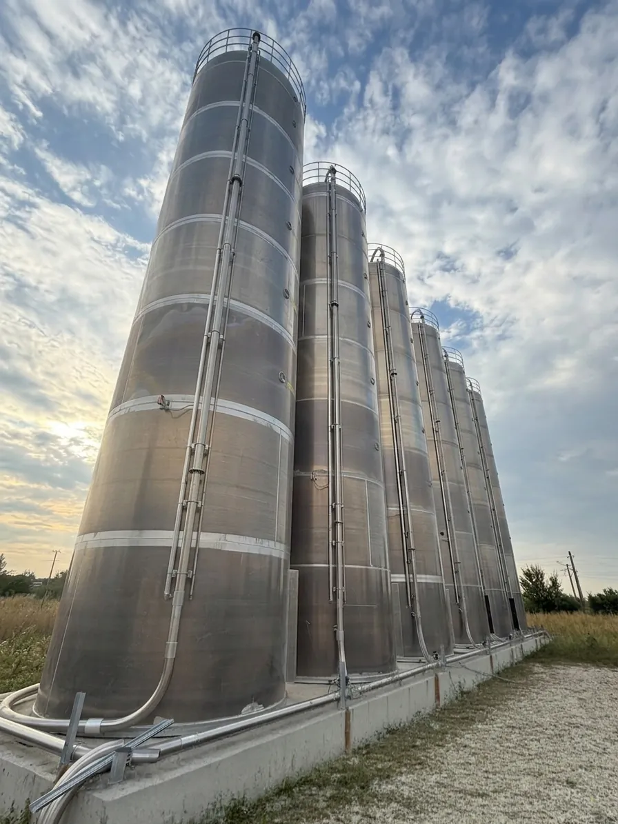 Auf dem Betonfundament aufgestellte Edelstahl-Siloanlage